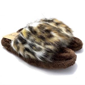 Bearpaw Plush Slippers Leopard Print Faux Fur Slides Brown Size Large 9/…